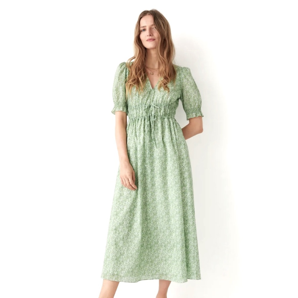 & Other Stories green floral drawstring waist puff sleeve cotton midi dress sz 4